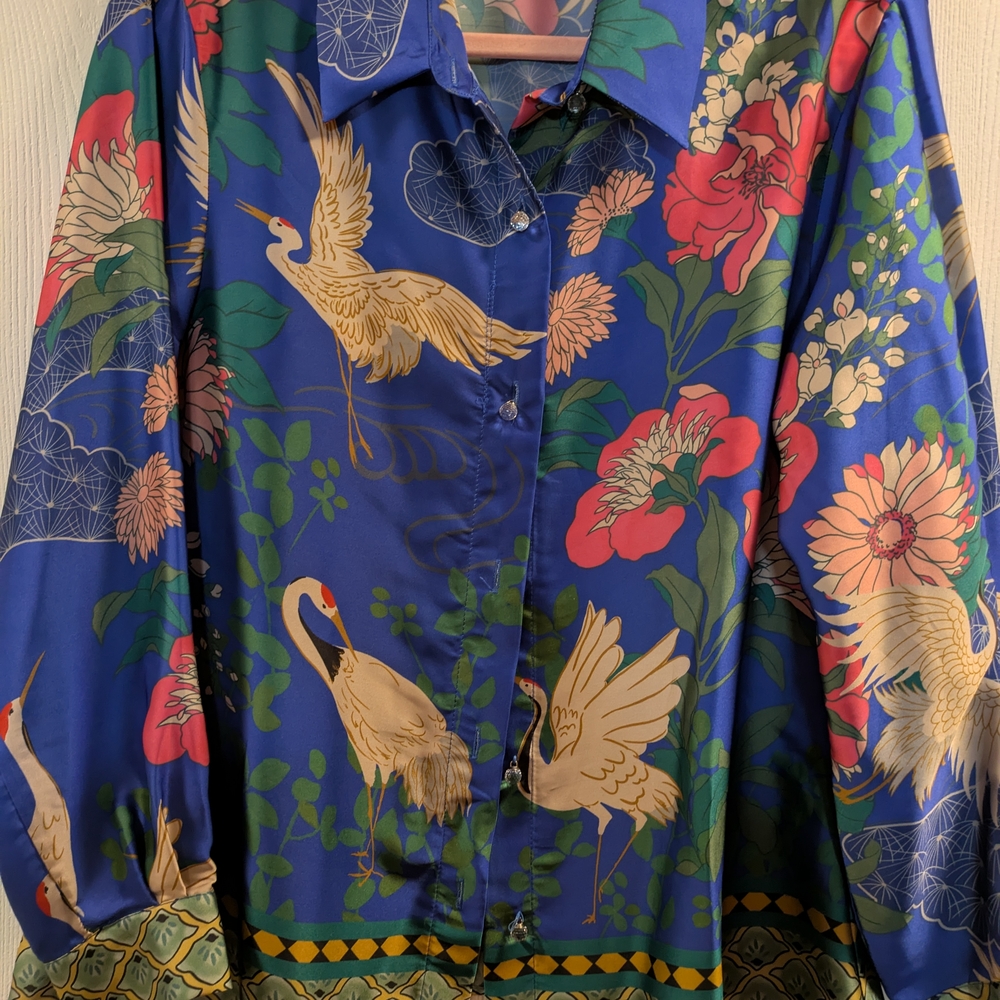 Vibrant Floral and Crane Print Blouse